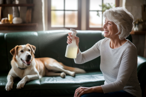 femme-agee-pulverisateur-chien
