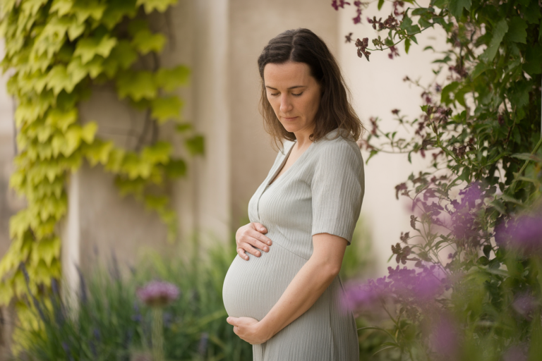 femme-contemplative-main-ventre-jardin-fleuri