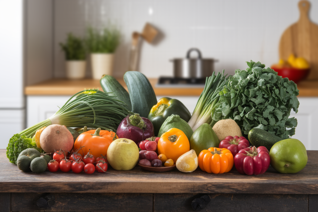 fruits-legumes-table-bois-cuisine-floue