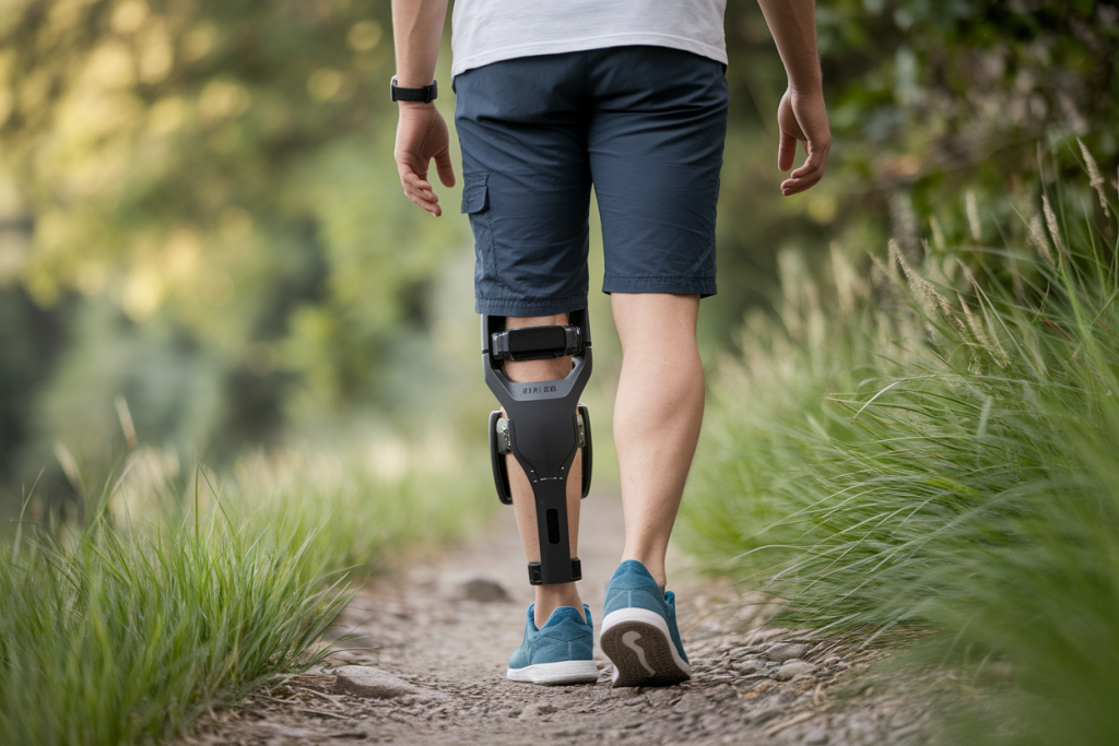 personne-exosquelette-genoux-chemin-foret
