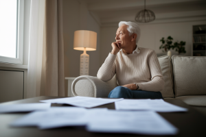 senior-assis-salon-fenetre-papiers