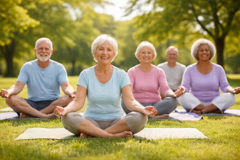 personnes-agees-yoga-pelouse-arbres-ciel