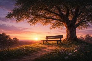 banc-vide-arbre-coucher-soleil