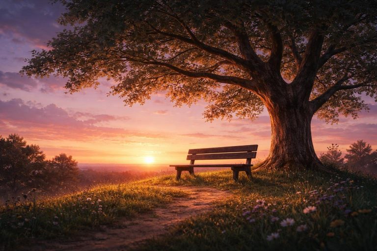 banc-vide-arbre-coucher-soleil